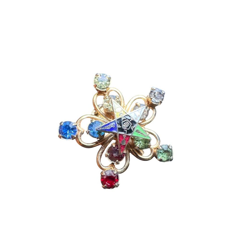 Vintage Rainbow Rhinestone Eastern Star Gold-Tone Brooch Pin